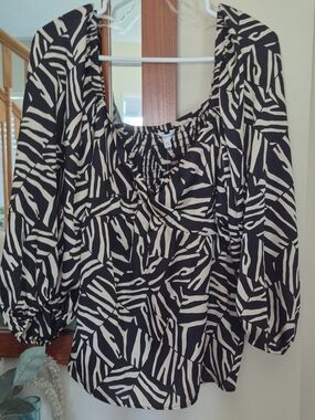Signature Black and Cream Zebra-Print Peasant Blouse